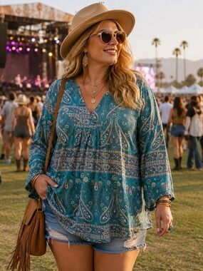 Plus size BoHo printed baby doll long teal blue top in size XXLg